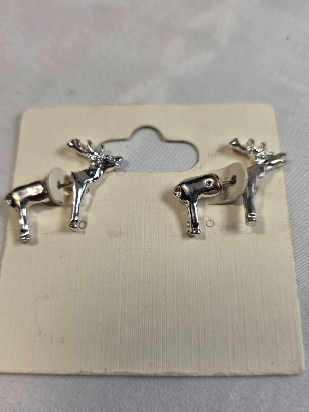 Silver Tone Leaping Deer Front Back Stud Earrings Stag Reindeer 2 Piece Two-Part